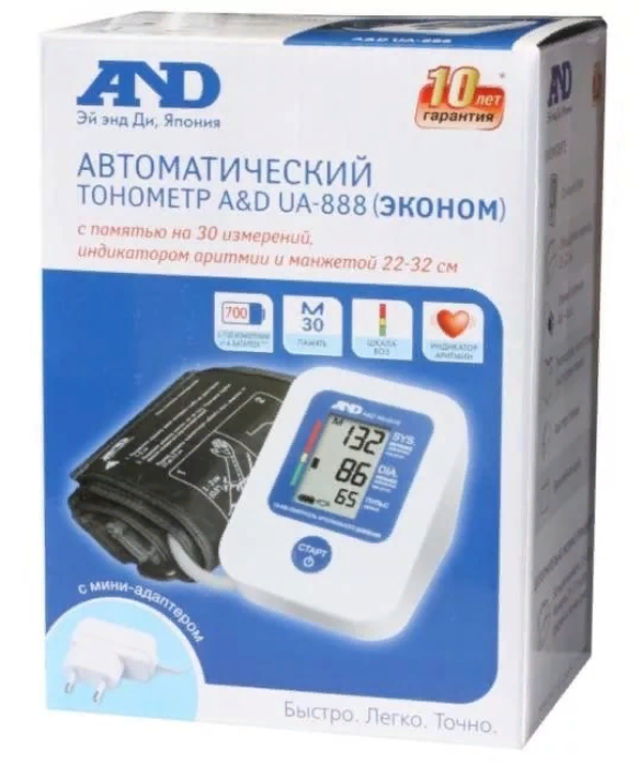 фото упаковки Тонометр автоматический AND UA-888 Эконом с адаптером